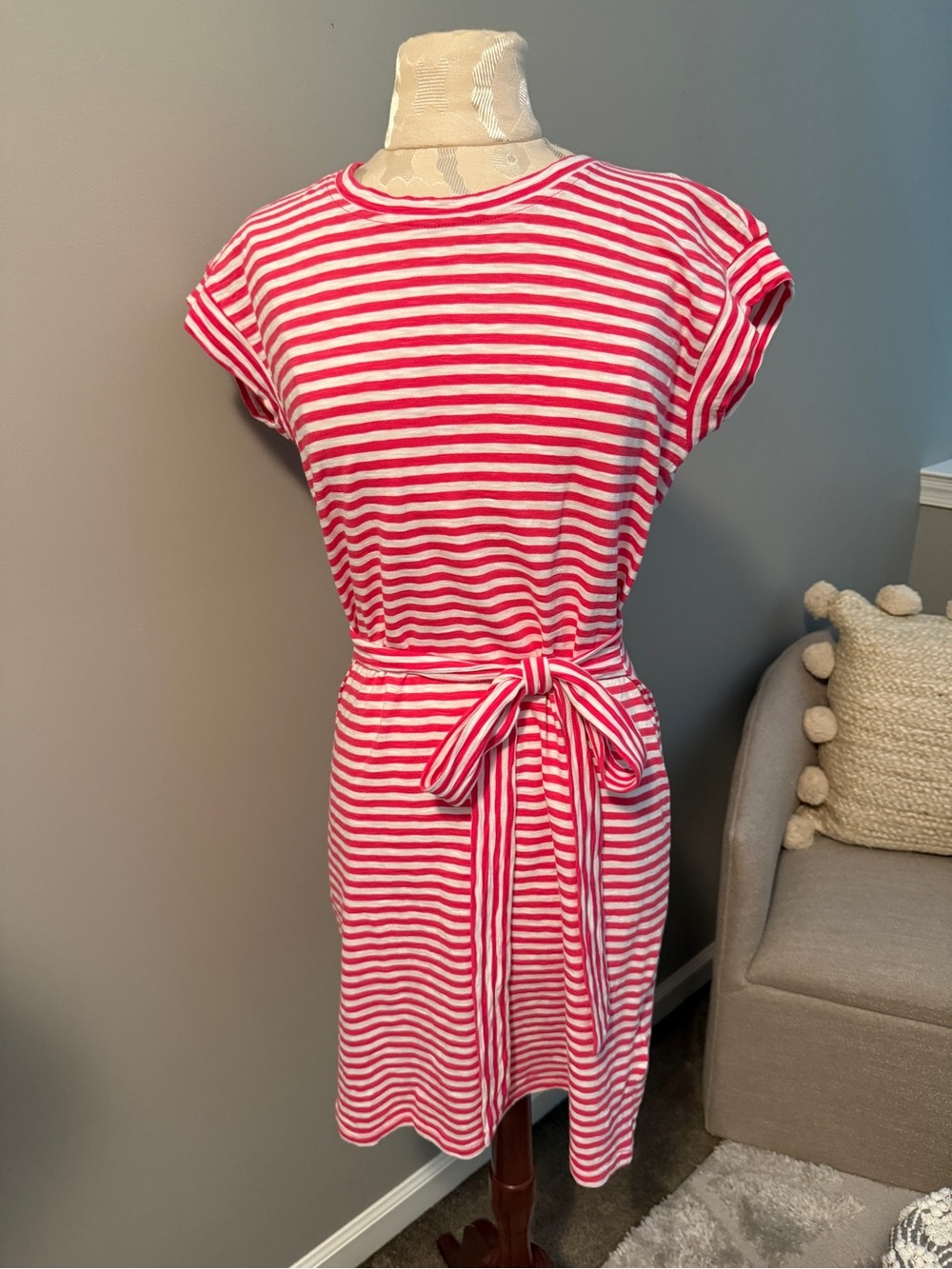 J. Crew Pink & White Striped Tie-Waist Mini Dress
